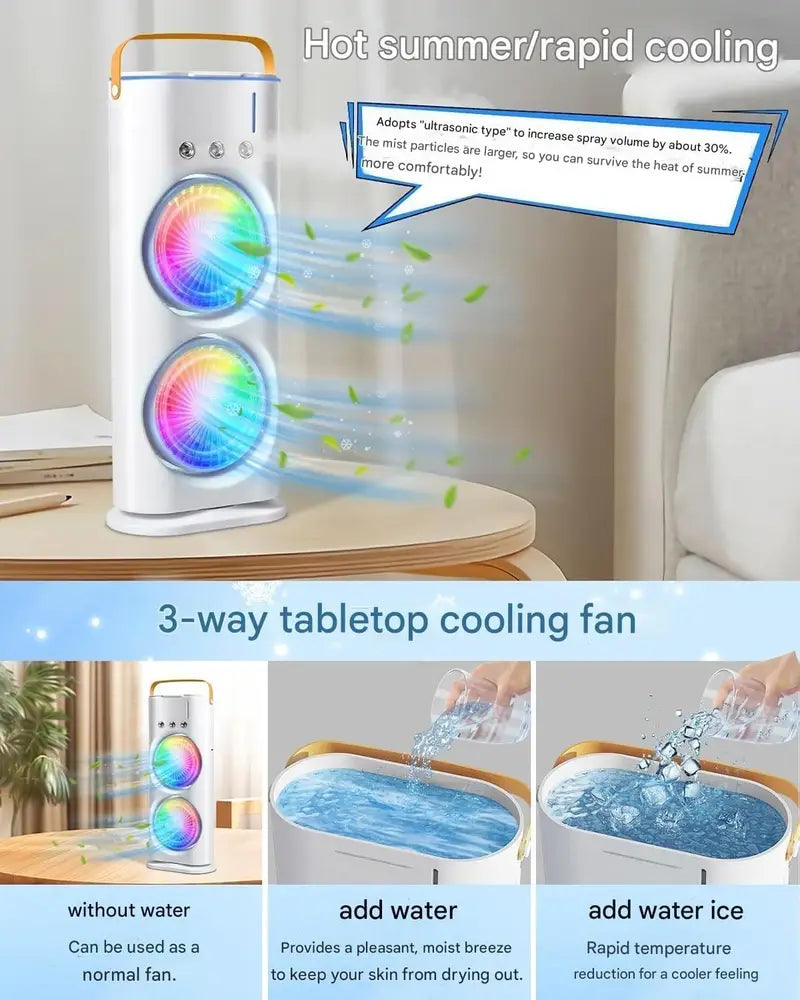 Portable Double-Ended Spray Fan with Mist Cooling, 3-Speed Airflow, RGB LED Light, Timer & Remote Control – USB Rechargeable Desktop Air Cooler