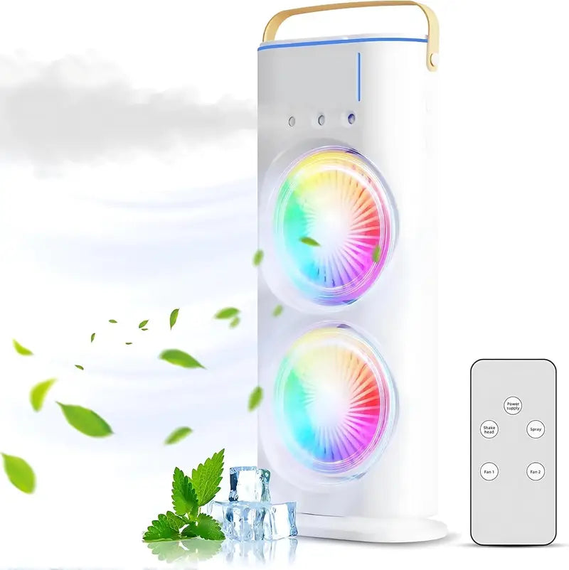Portable Double-Ended Spray Fan with Mist Cooling, 3-Speed Airflow, RGB LED Light, Timer & Remote Control – USB Rechargeable Desktop Air Cooler