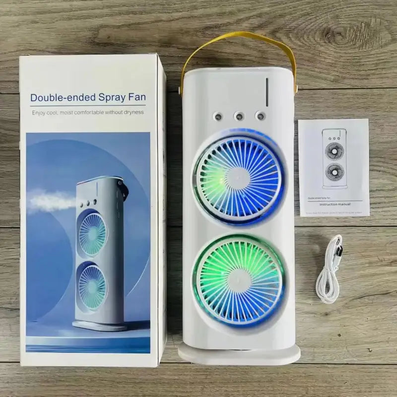 Portable Double-Ended Spray Fan with Mist Cooling, 3-Speed Airflow, RGB LED Light, Timer & Remote Control – USB Rechargeable Desktop Air Cooler