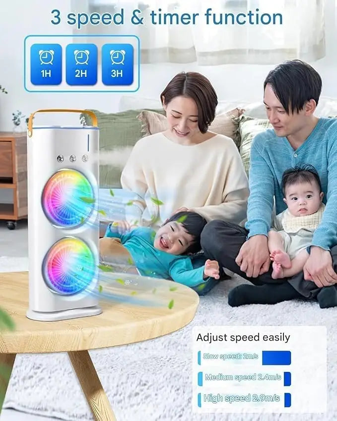 Portable Double-Ended Spray Fan with Mist Cooling, 3-Speed Airflow, RGB LED Light, Timer & Remote Control – USB Rechargeable Desktop Air Cooler