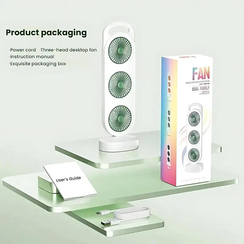 Triple Head USB Desktop Fan – 3-in-1 Portable Cooling Fan | Adjustable 3-Speed | Quiet Personal Fan for Home & Office