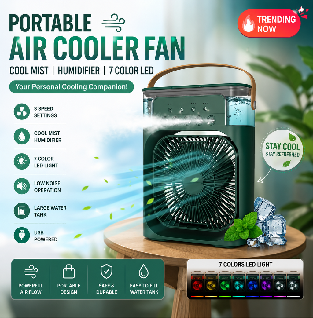 Portable Air Cooler Fan with Mist Humidifier – USB Rechargeable Mini Air Conditioner | 3 Speed Cooling | 7 Color LED Night Light