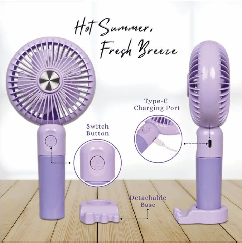 Portable Rechargeable Handheld Fan with 6 Speed Modes, 1800mAh Battery, USB Type-C Charging & Detachable Base – Mini Personal Cooling Fan for Travel, Office & Home