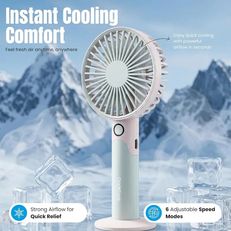 Portable Rechargeable Handheld Fan with 6 Speed Modes, 1800mAh Battery, USB Type-C Charging & Detachable Base – Mini Personal Cooling Fan for Travel, Office & Home