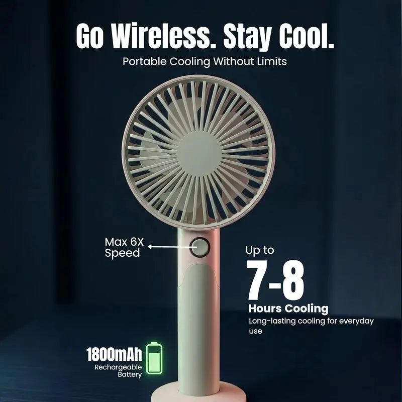 Portable Rechargeable Handheld Fan with 6 Speed Modes, 1800mAh Battery, USB Type-C Charging & Detachable Base – Mini Personal Cooling Fan for Travel, Office & Home