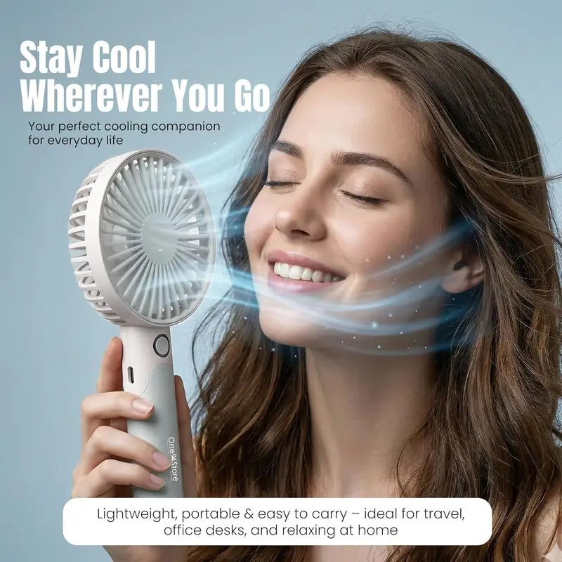 Portable Rechargeable Handheld Fan with 6 Speed Modes, 1800mAh Battery, USB Type-C Charging & Detachable Base – Mini Personal Cooling Fan for Travel, Office & Home
