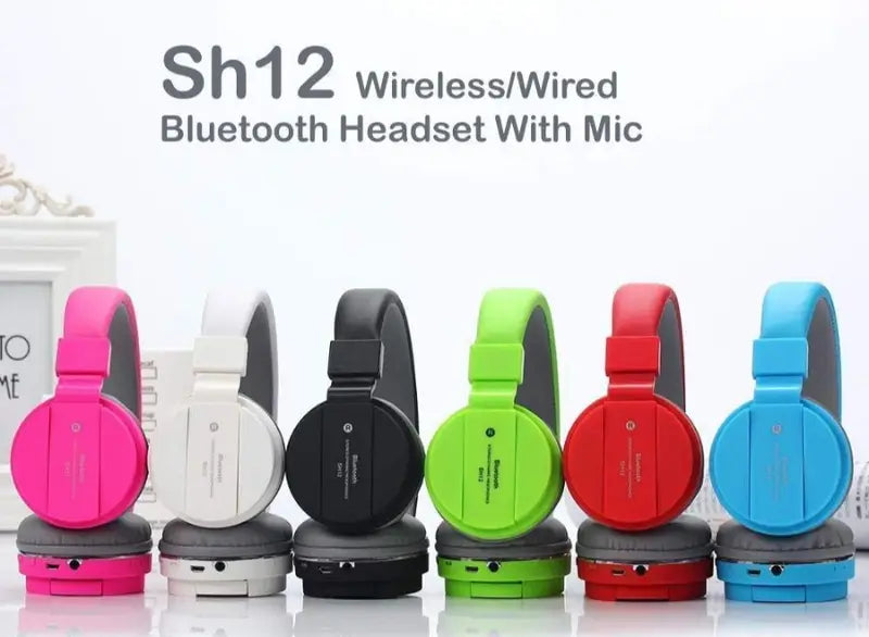 SH12 Wireless Bluetooth Headphones with Microphone – Foldable Over-Ear Stereo Headset, Wired & Wireless, Rechargeable, FM Radio & TF Card Support