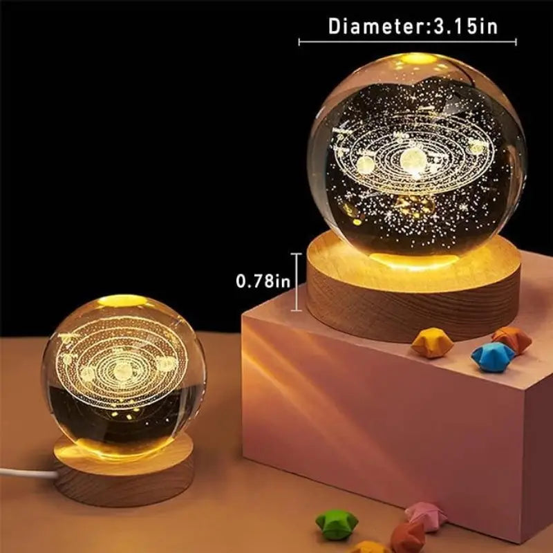 3D Solar System Crystal Ball Night Light with LED Wooden Base – Engraved Glass Globe USB Powered Decorative Lamp for Bedroom, Office & Gifts