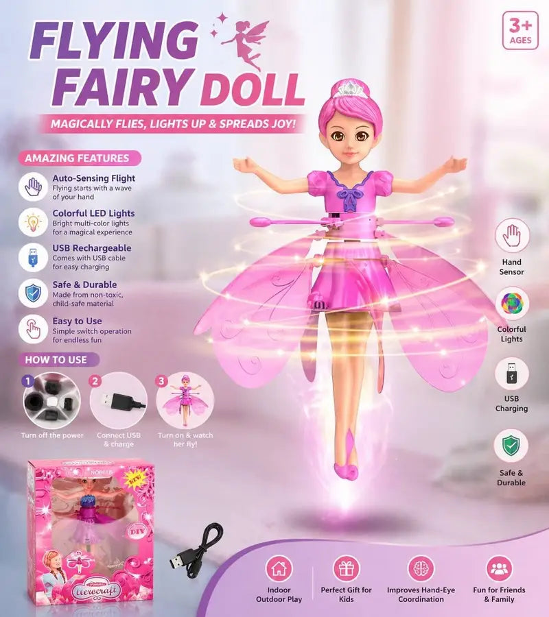 Flying Princess Doll Toy for Kids – USB Rechargeable LED Hover Fairy with Hand Sensor & Spinning Wings