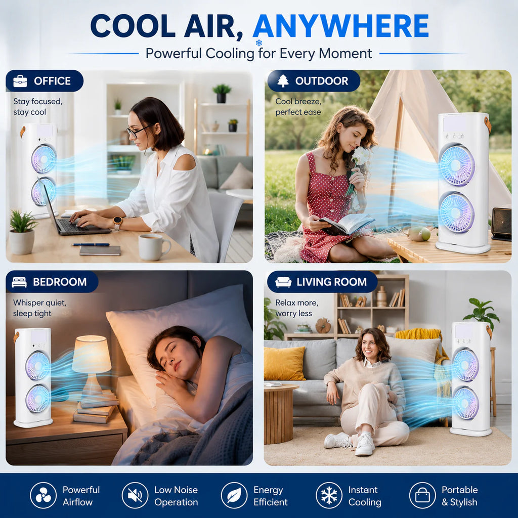 Portable Mini Double-Ended Spray Fan with Mist Cooling, 3-Speed Airflow, RGB LED Light, Timer & Remote Control – USB Rechargeable Desktop Air Cooler