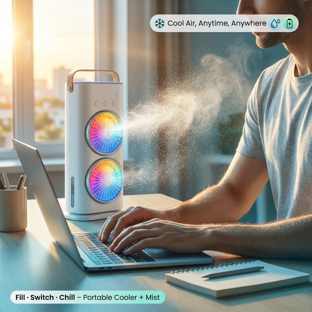 Portable Mini Double-Ended Spray Fan with Mist Cooling, 3-Speed Airflow, RGB LED Light, Timer & Remote Control – USB Rechargeable Desktop Air Cooler