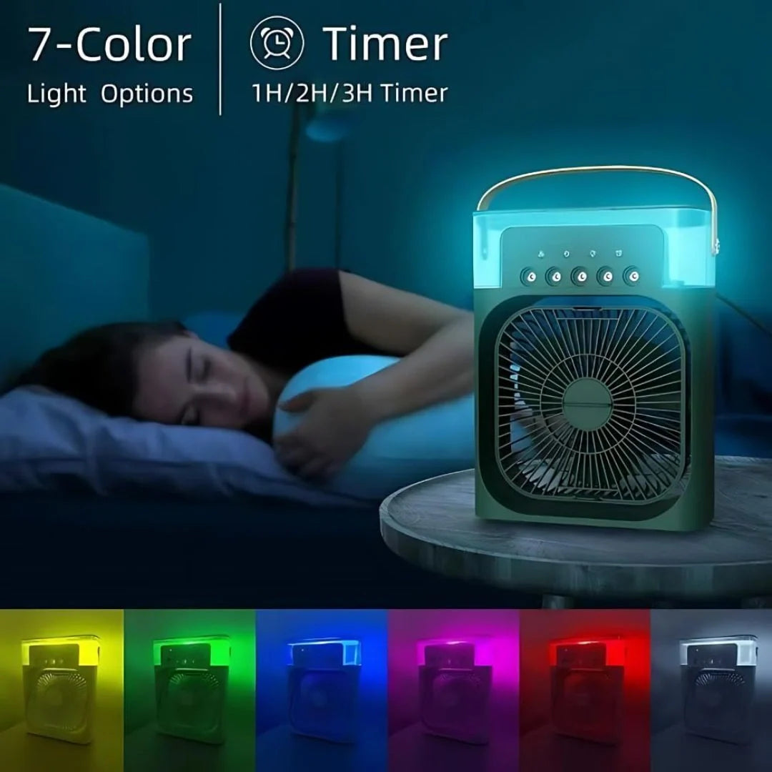 Portable Air Cooler Fan with Mist Humidifier – USB Rechargeable Mini Air Conditioner | 3 Speed Cooling | 7 Color LED Night Light