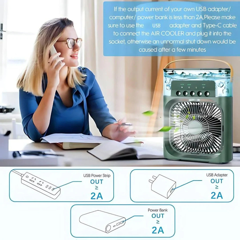 Portable Air Cooler Fan with Mist Humidifier – USB Rechargeable Mini Air Conditioner | 3 Speed Cooling | 7 Color LED Night Light