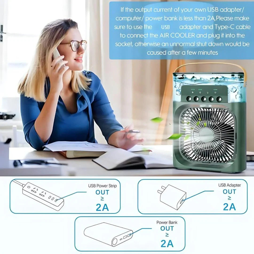 Portable Air Cooler Fan with Mist Humidifier – USB Rechargeable Mini Air Conditioner | 3 Speed Cooling | 7 Color LED Night Light