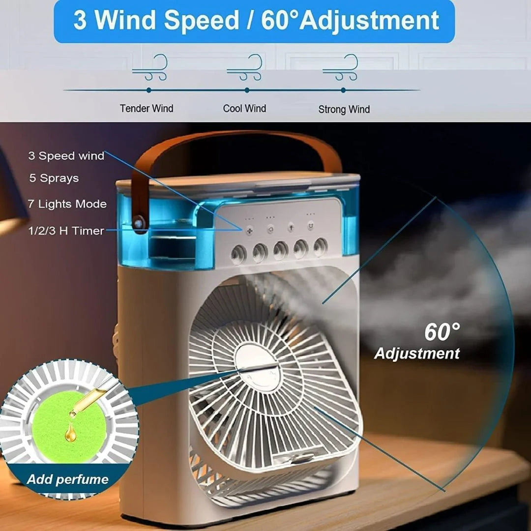 Portable Air Cooler Fan with Mist Humidifier – USB Rechargeable Mini Air Conditioner | 3 Speed Cooling | 7 Color LED Night Light