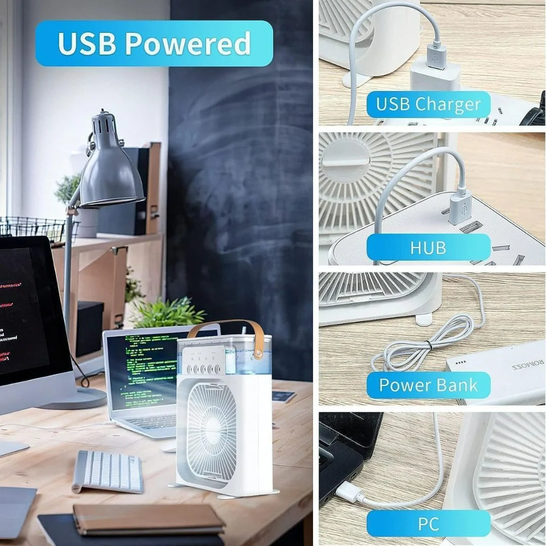 Portable Air Cooler Fan with Mist Humidifier – USB Rechargeable Mini Air Conditioner | 3 Speed Cooling | 7 Color LED Night Light